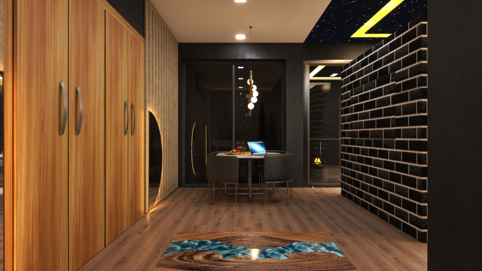 Bild på ett funkis huvudsovrum, med svarta väggar, plywoodgolv, en öppen hörnspis, en spiselkrans i sten och flerfärgat golv