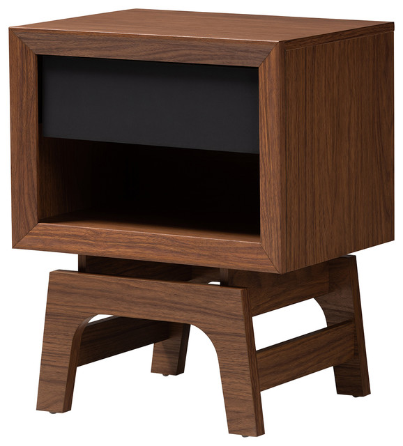 Tabitha MidCentury Modern Walnut Brown and Dark Gray Wood 1Drawer