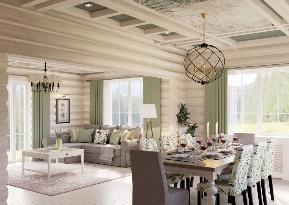 Гостиная- столовая в деревянном доме