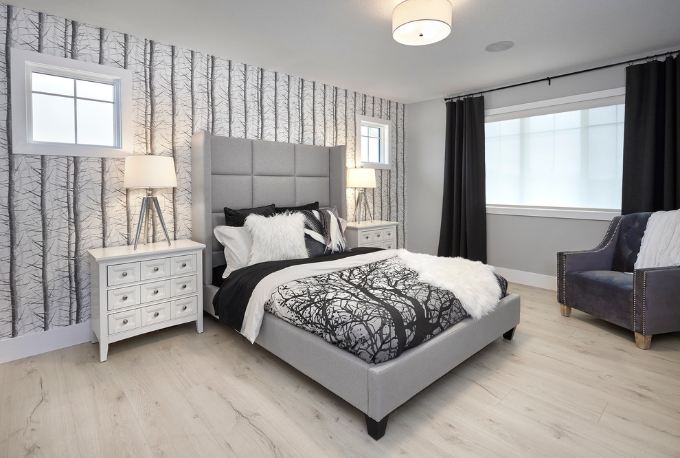 Inspiration for a large transitional master light wood floor bedroom remodel in Edmonton with multicolored walls and no fireplace