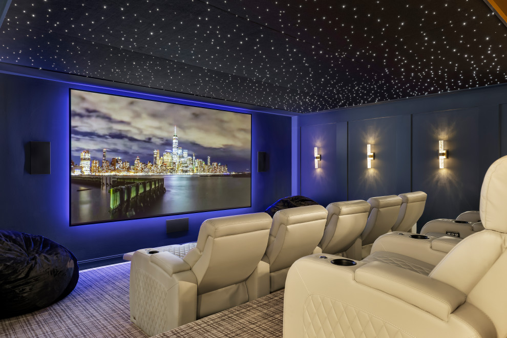 Home theater - transitional carpeted and gray floor home theater idea in Minneapolis with blue walls