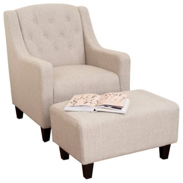 Bowery Hill Contemporary Fabric Upholstered Arm Chair and Ottoman in Light Beige
