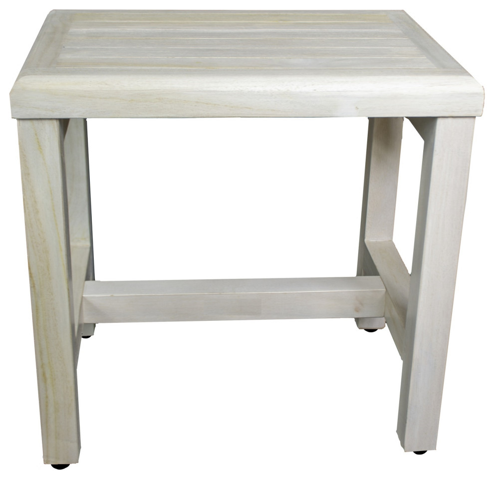 Compact Rectangular Teak Shower Or Outdoor Bench, DriftWood Finish