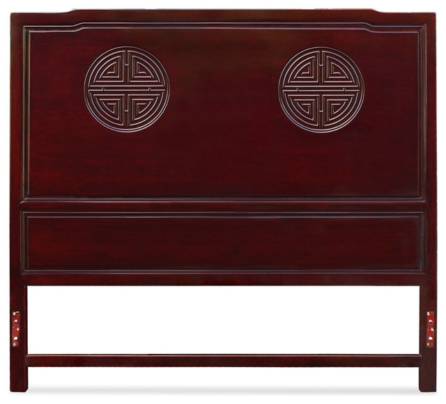 Dark Cherry Rosewood Queen Size Chinese Longevity Headboard Asian