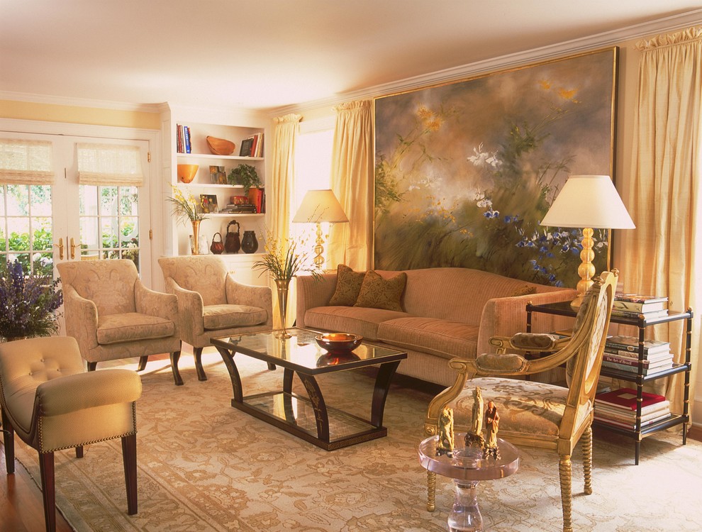 Example of a mid-sized ornate formal and enclosed medium tone wood floor living room design in Other with no fireplace, no tv and yellow walls