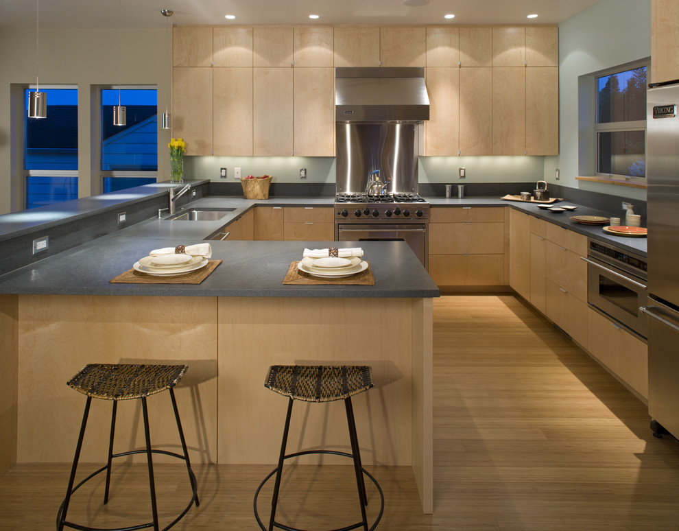 Contemporary kitchen in Seattle with stainless steel appliances.