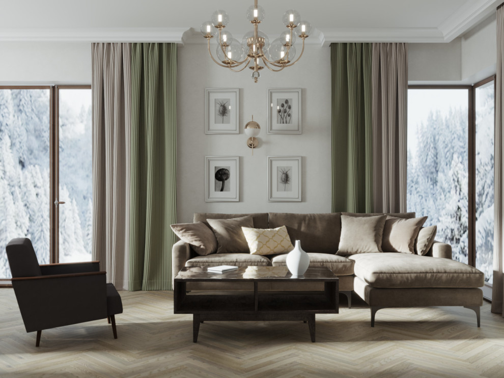 Кухня и гостиная комната из проекта загородного доиа в г.Тюмень