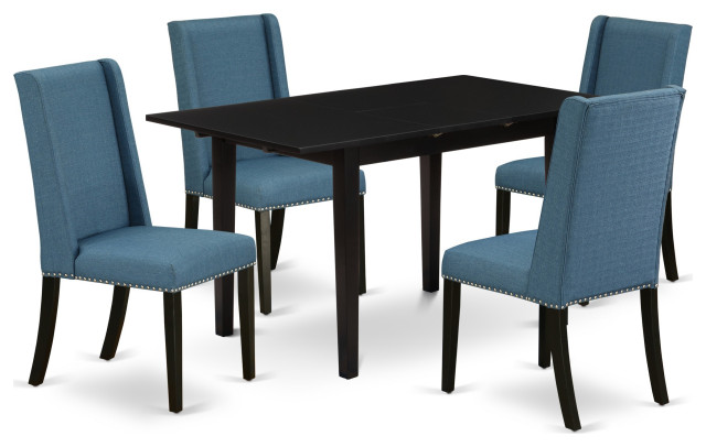 5Pc Wood Dining Set, Chairs, Upholstered Seat, Butterfly Leaf Table, Black