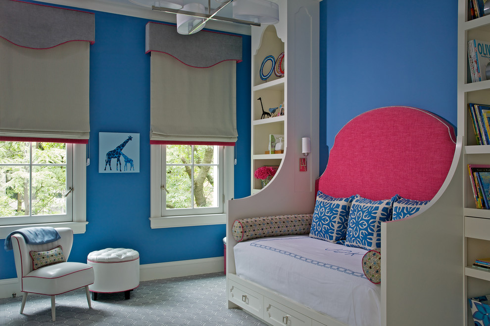 Eclectic kids' room in Chicago with blue walls and carpet for girls.