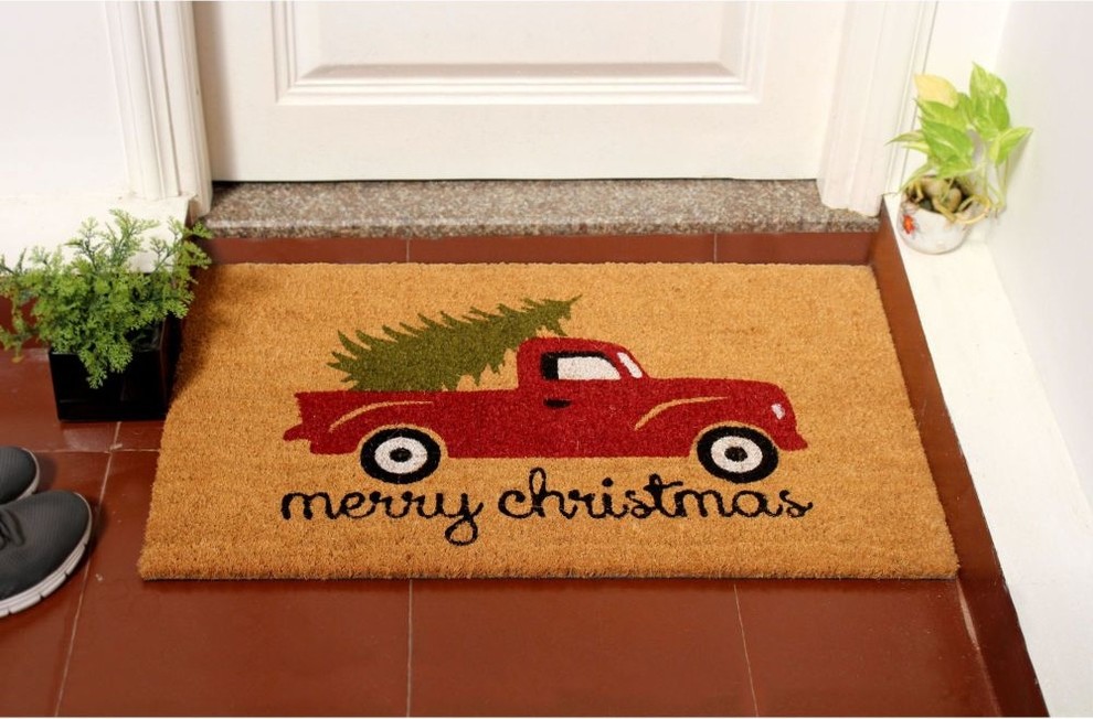 Red Machine Tufted Merry Christmas Truck Coir Doormat 18 X30