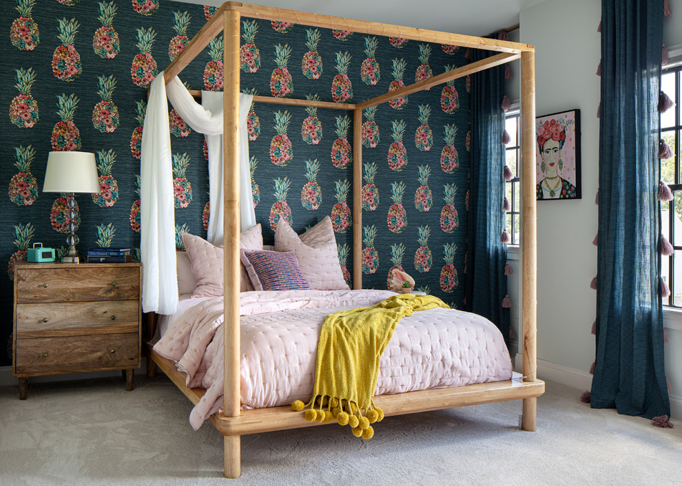 Design ideas for a medium sized bohemian kids' bedroom in Richmond with carpet and wallpapered walls.