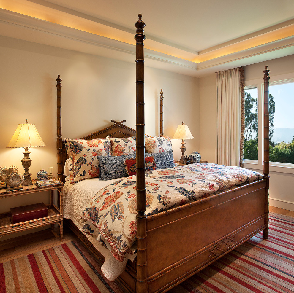 Photo of a beach style bedroom in Santa Barbara with beige walls.