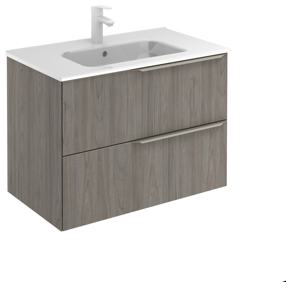 Mio Collection 2 Drawer Vanity With Ceramic Top, Grey Elm, 32" Modern