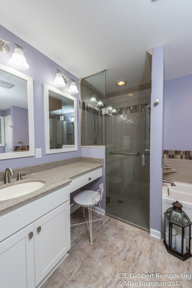 Inspiration for a large transitional master beige tile and mosaic tile porcelain tile and beige floor walk-in shower remodel in Chicago with raised-panel cabinets, white cabinets, purple walls, an integrated sink, onyx countertops and a hinged shower door