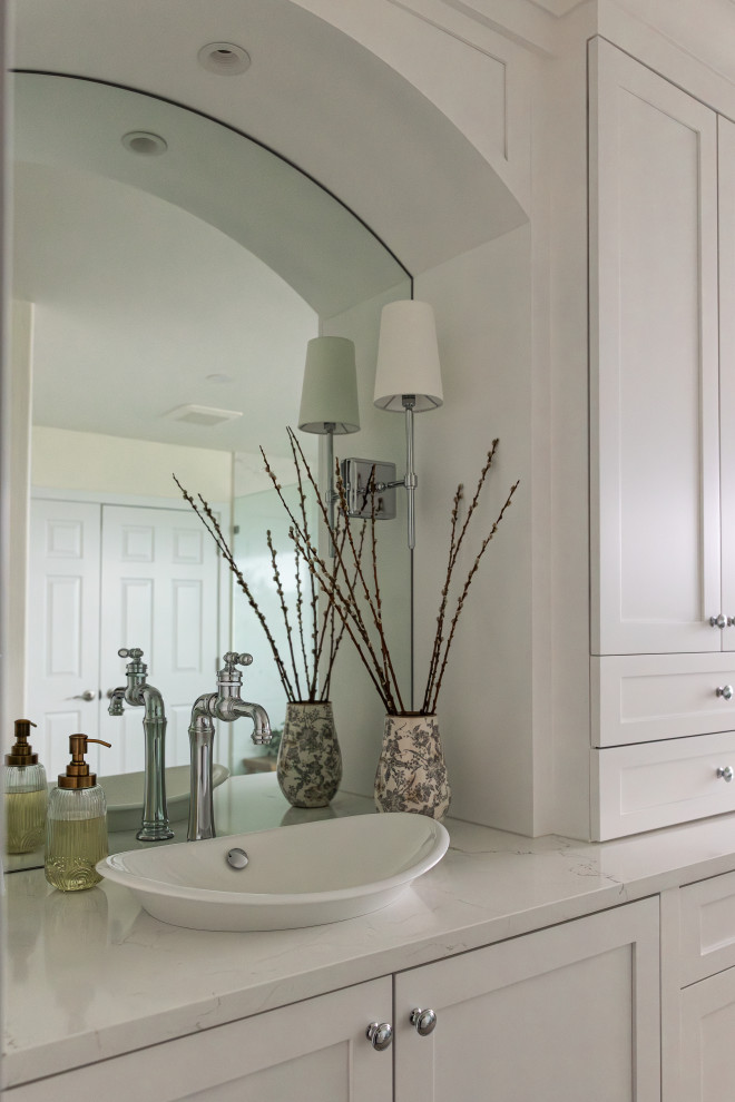 Design ideas for a large beach style ensuite bathroom in Portland with shaker cabinets, white cabinets, a freestanding bath, a pedestal sink, quartz worktops, white worktops, double sinks and a built in vanity unit.