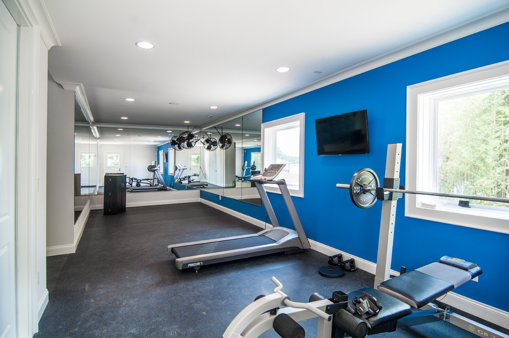 Inspiration for a mid-sized transitional vinyl floor multiuse home gym remodel in Charlotte with blue walls