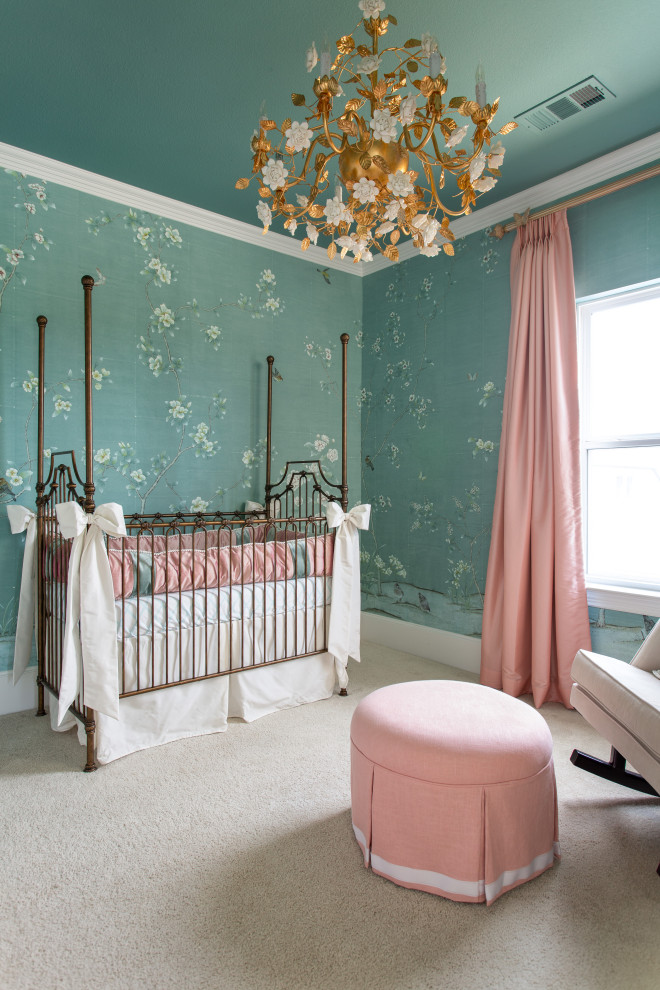 Chanteur Blue Chinoiserie Mural - Designer Nathan Hejl designed this nursery using beautiful blush and gold hues to complement the "Chanteur Blue" chinoiserie mural.