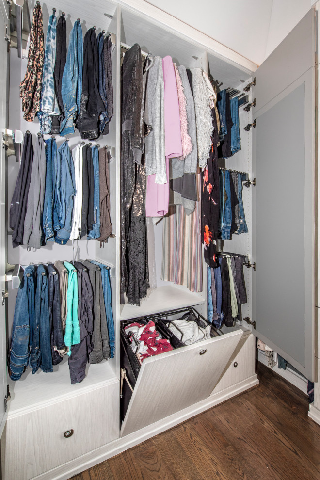 Photo of a mid-sized transitional women's walk-in wardrobe in Chicago with flat-panel cabinets, light wood cabinets, medium hardwood floors, brown floor and vaulted.