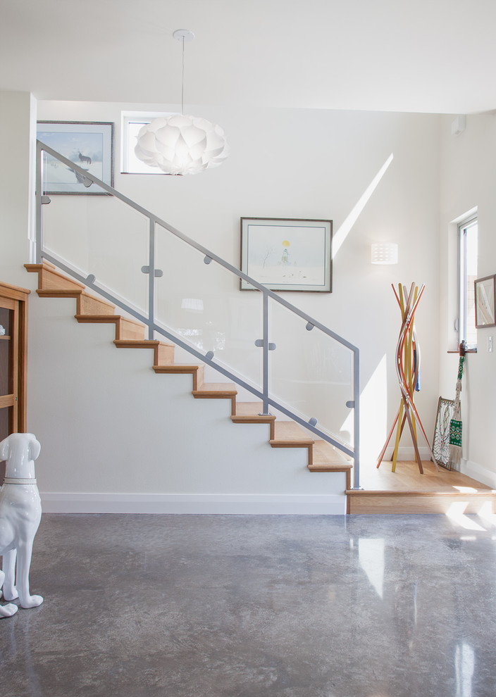 Inspiration for a contemporary entryway in Austin with concrete floors, grey floor and white walls.