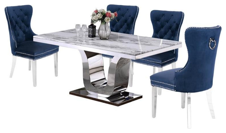 Rectangular White Marble 5 Piece Dining Set with Silver Stainless Steel Base