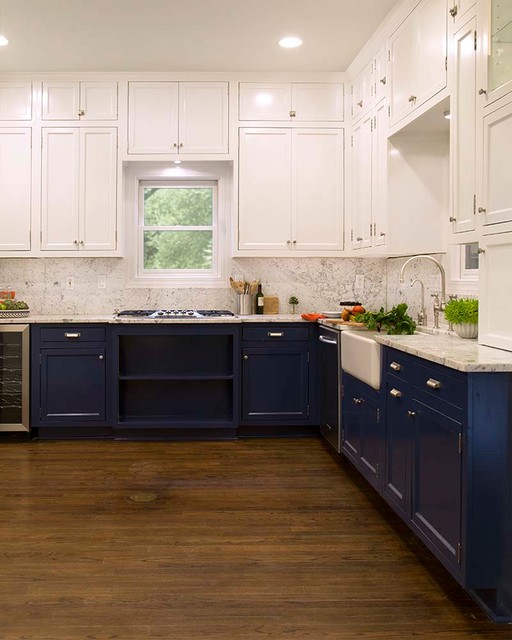 White Upper And Dark Blue Lower Cabinets In A Fantastic Kitchen