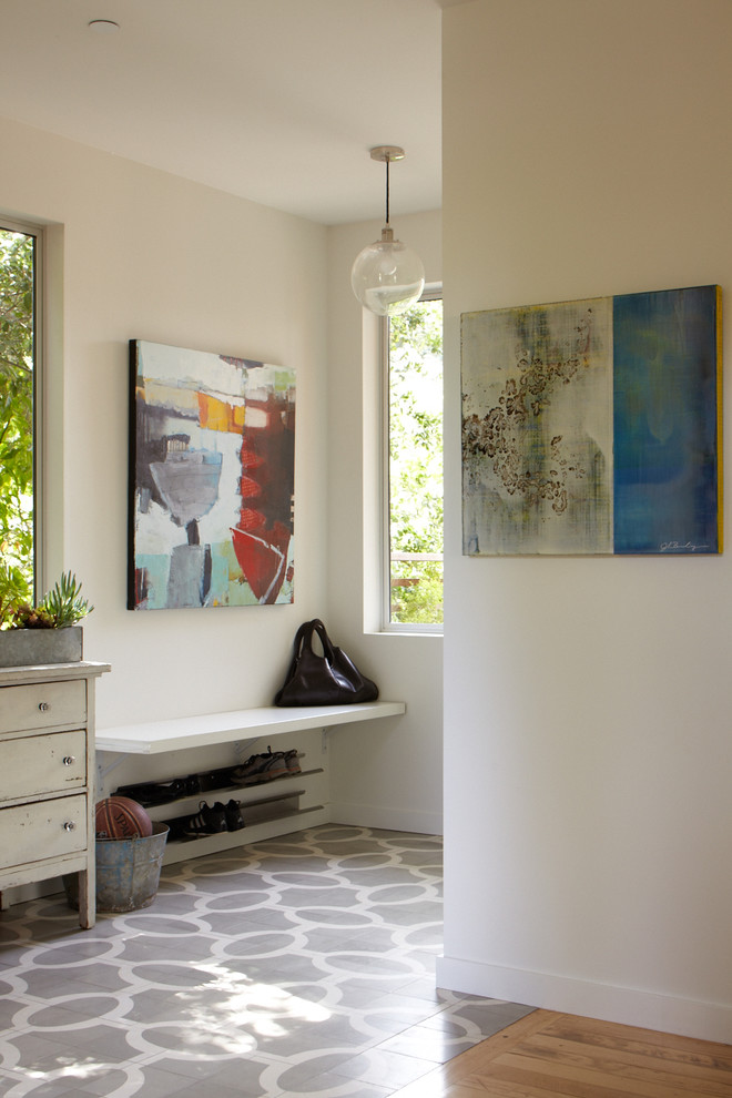 Inspiration for a contemporary entryway in San Francisco with white walls.