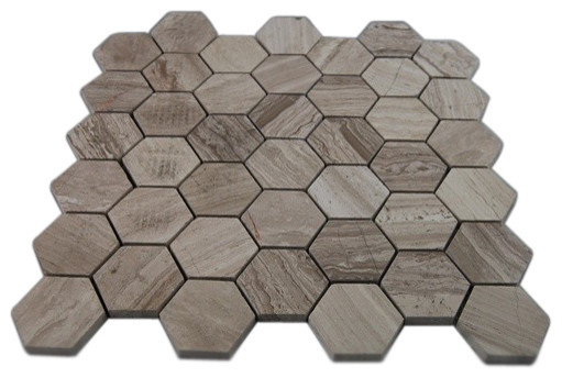 12"x12" Wooden Beige Hexagon Polished Marble Mosaics, Single Sheet