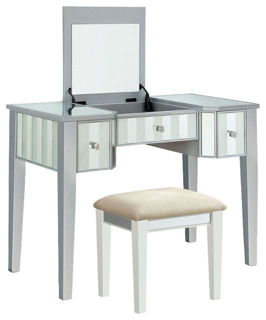 Wooden Vanity Set, Silver Transitional Bedroom & Makeup Vanities