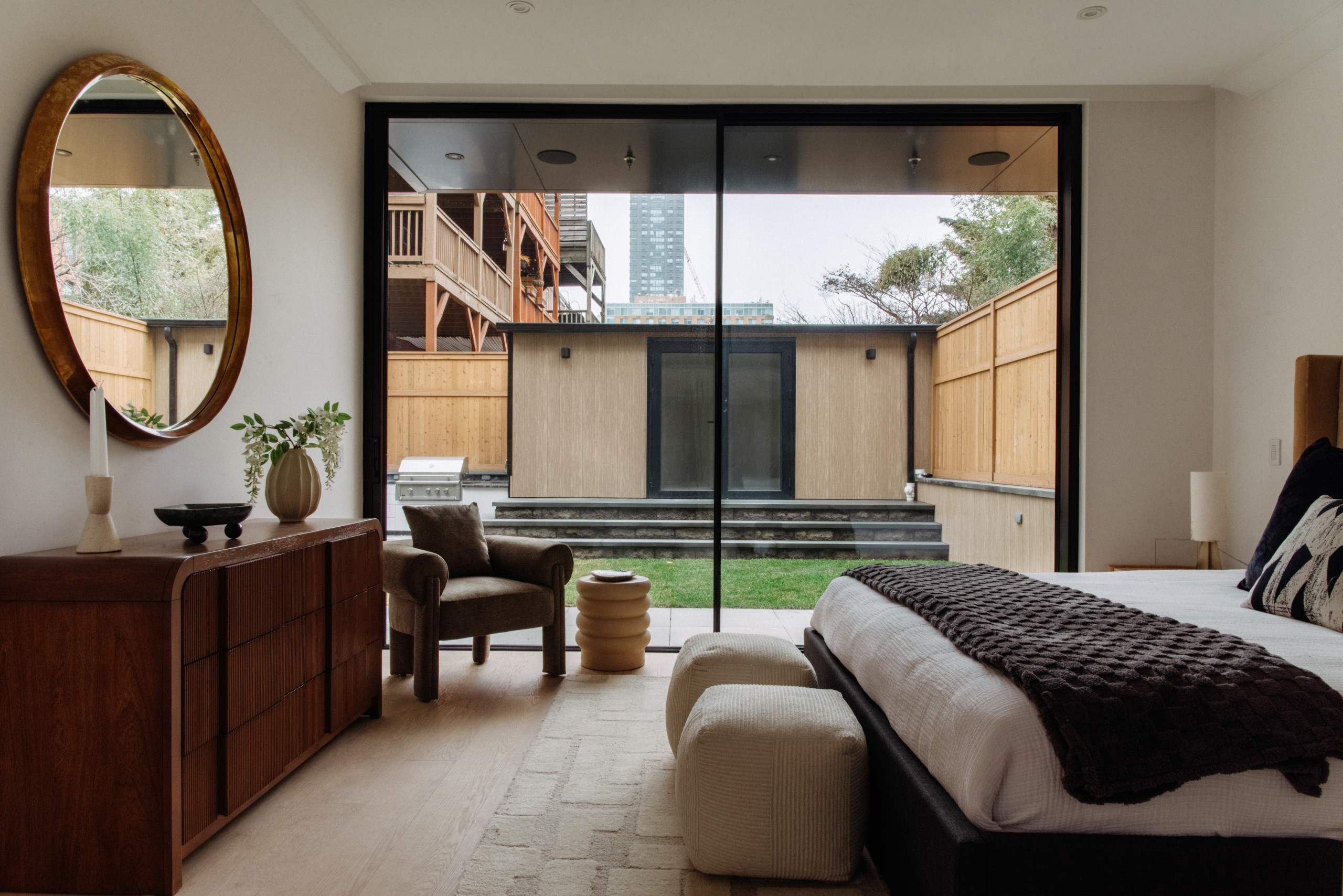 Primary bedroom and exterior cabana
