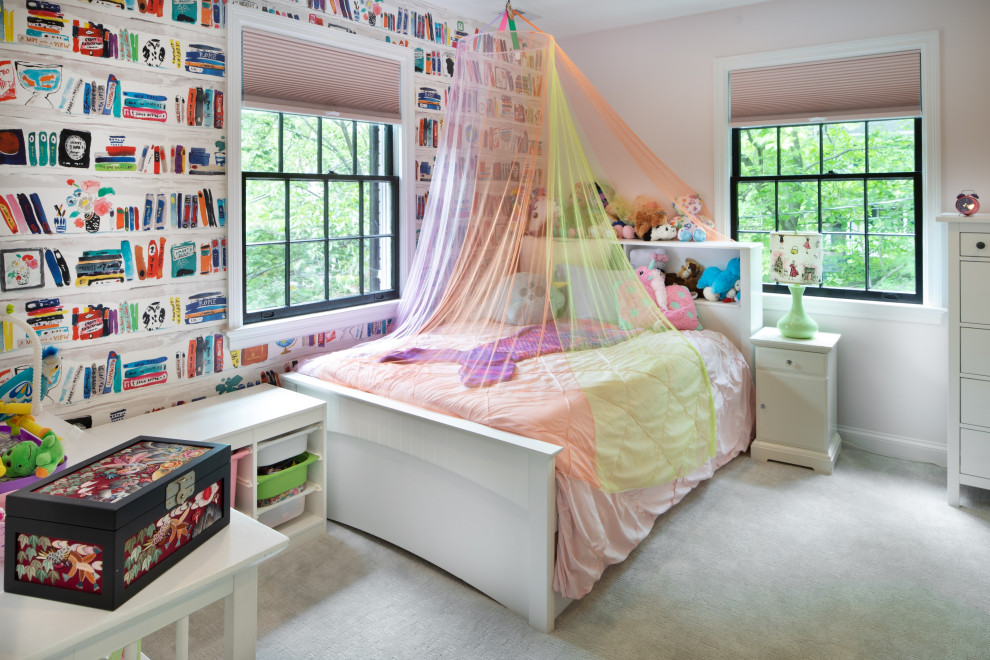 Photo of a mid-sized transitional kids' bedroom for kids 4-10 years old and girls in DC Metro with carpet, pink walls and grey floor.