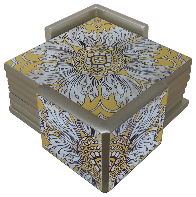 Reverse Painted Mirror Coasters, Lemon, Set of 6 Contemporary