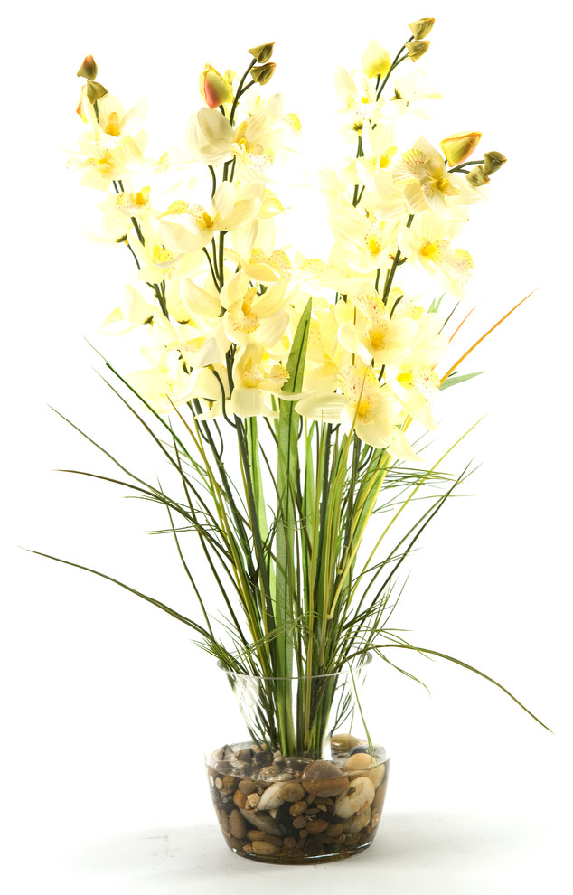 D&W Silks Yellow Orchids with River Grass in Glass Dish