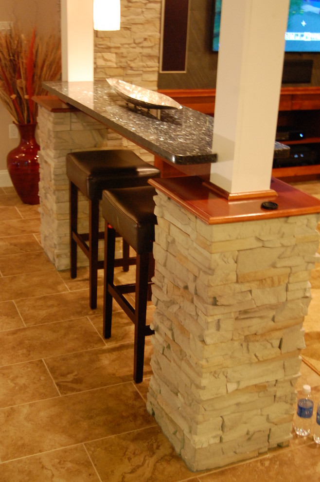 Large mountain style walk-out porcelain tile basement photo with beige walls
