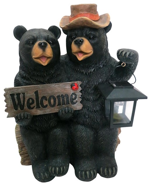 Bears Statue With Solar Lantern, 15" Rustic Garden