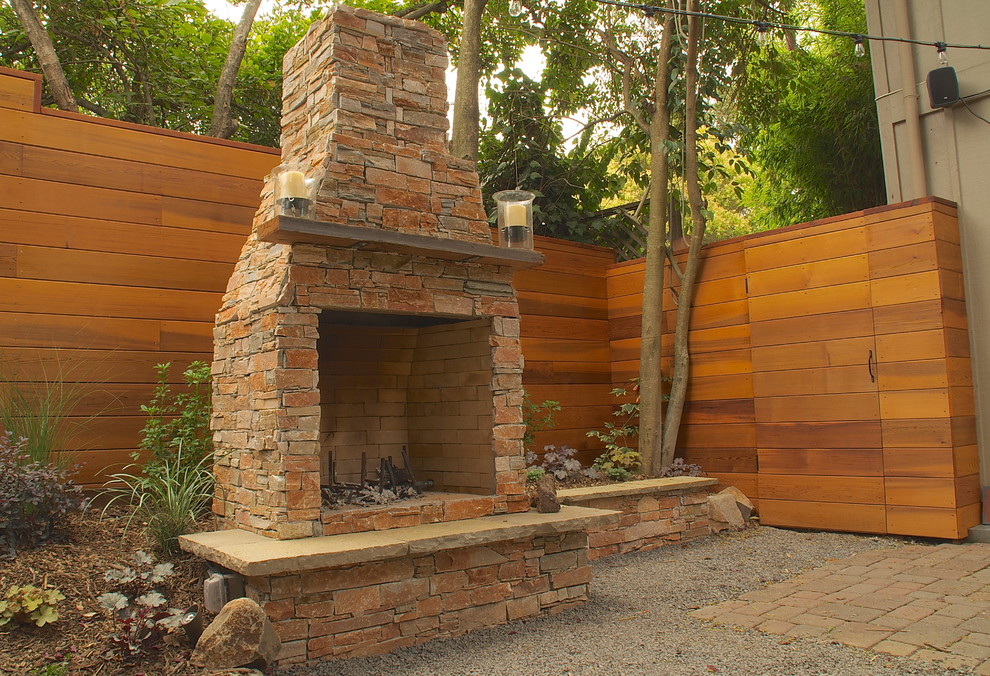 Photo of a mid-sized traditional backyard patio in San Francisco with with fireplace, gravel and no cover.