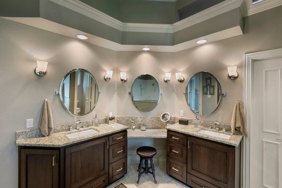 Design ideas for a transitional master bathroom in Dallas with granite benchtops, beige tile and beige walls.