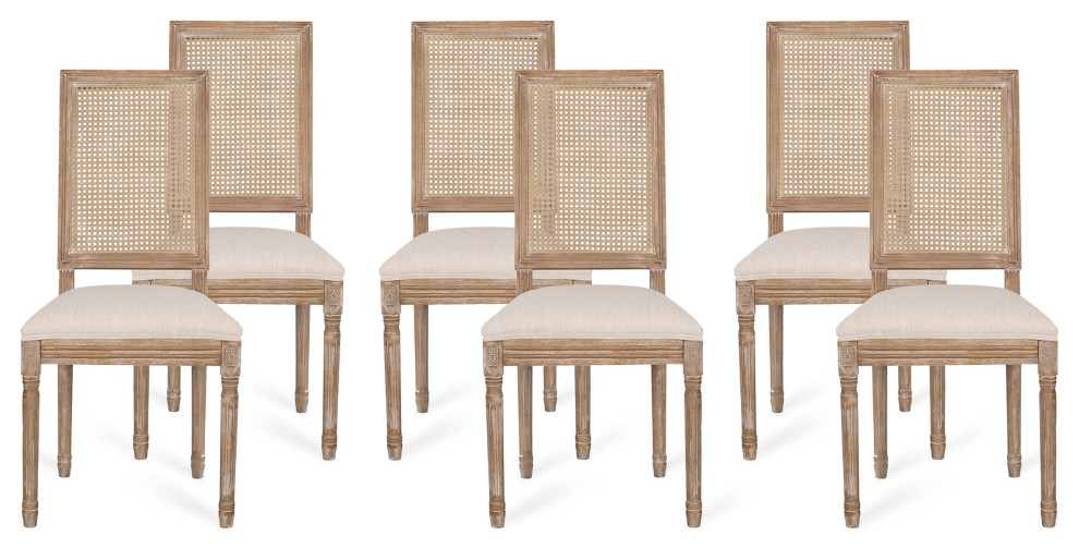 Brownell French Country Wood and Cane Upholstered Dining Chair (Set of 6), Beige/Brown
