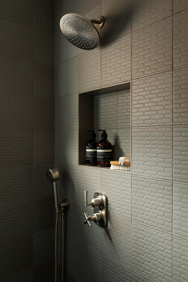 Foto di una stanza da bagno moderna con piastrelle beige e piastrelle in ceramica