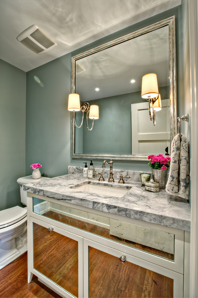 Transitional powder room in Calgary with marble benchtops and grey benchtops.