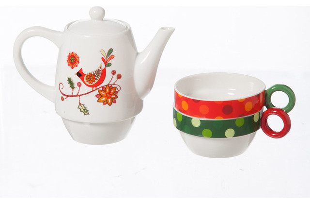 Paisley Cardinal and Polka Dots Ceramic Tea Pot and Cups Set for Two