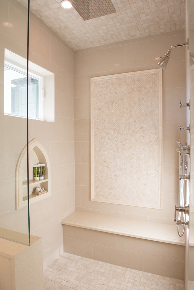 Inspiration for a small mediterranean bathroom in Vancouver with flat-panel cabinets, white cabinets, a drop-in tub, an alcove shower, a one-piece toilet, beige tile, ceramic tile, beige walls, ceramic floors, an undermount sink and granite benchtops.