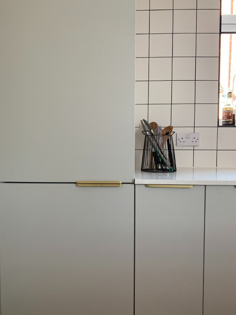 Light Grey with Rattan feature doors scandinavian-kitchen