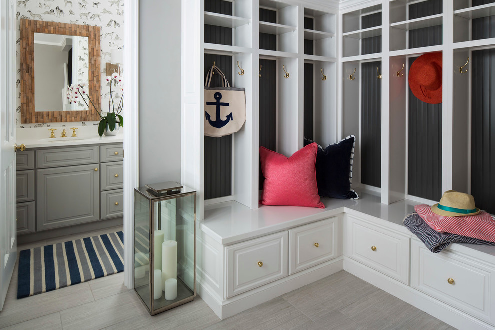 This is an example of a beach style mudroom in Minneapolis with grey walls.