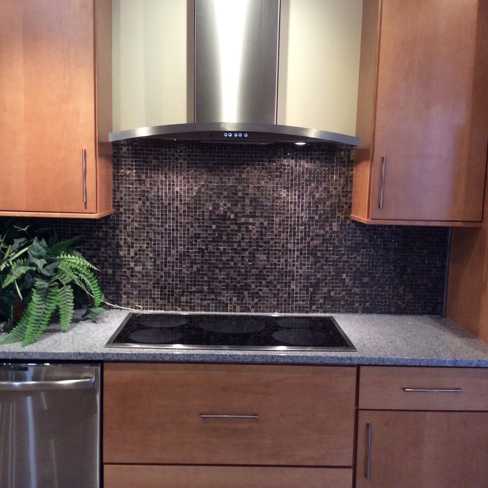 Home design - small contemporary single-wall porcelain tile home design idea with flat-panel cabinets, light wood cabinets, laminate countertops, brown backsplash, glass sheet backsplash, stainless steel appliances and no island