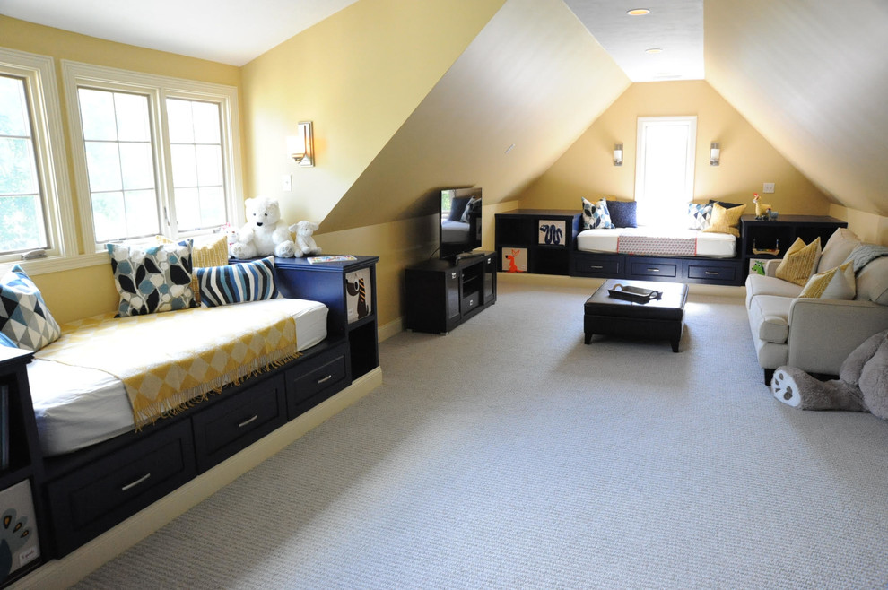 Large beach style gender-neutral kids' bedroom in Indianapolis with yellow walls and carpet for kids 4-10 years old.