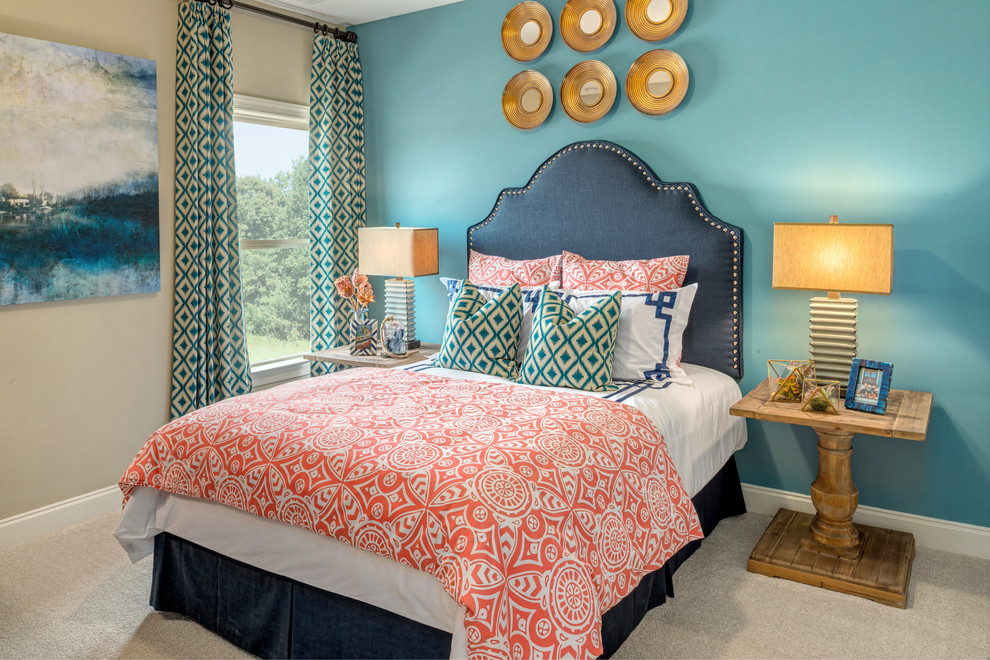 Design ideas for a transitional guest bedroom in Atlanta with blue walls and carpet.