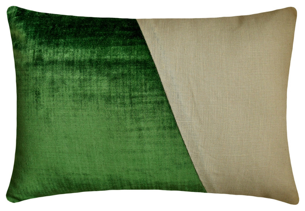 Green Velvet Linen 12"x22" Lumbar Pillow Cover Color Block, Velutinous Emerald