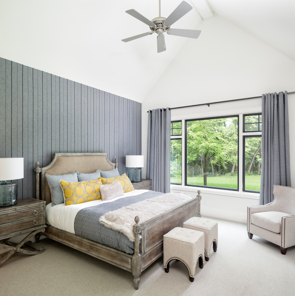 Inspiration for a beach style master bedroom in Minneapolis with grey walls, carpet and beige floor.