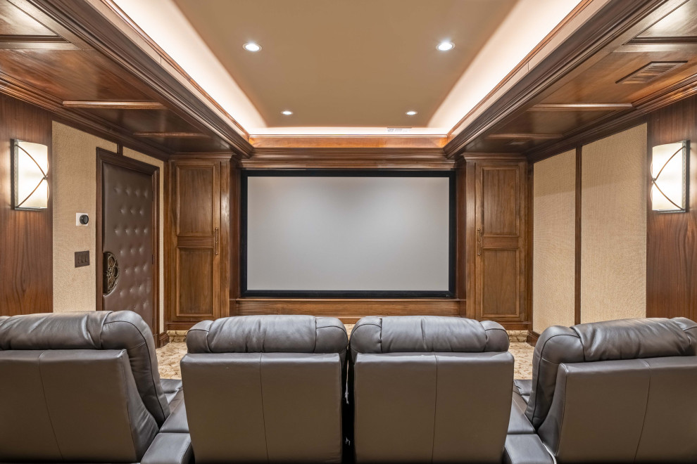 Large contemporary home theatre in DC Metro with ceramic floors and grey floor.