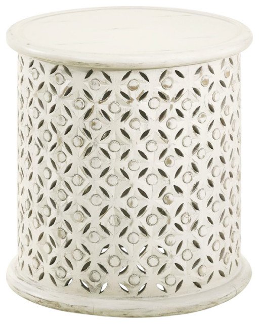 Round Wooden Accent Table, White Washed